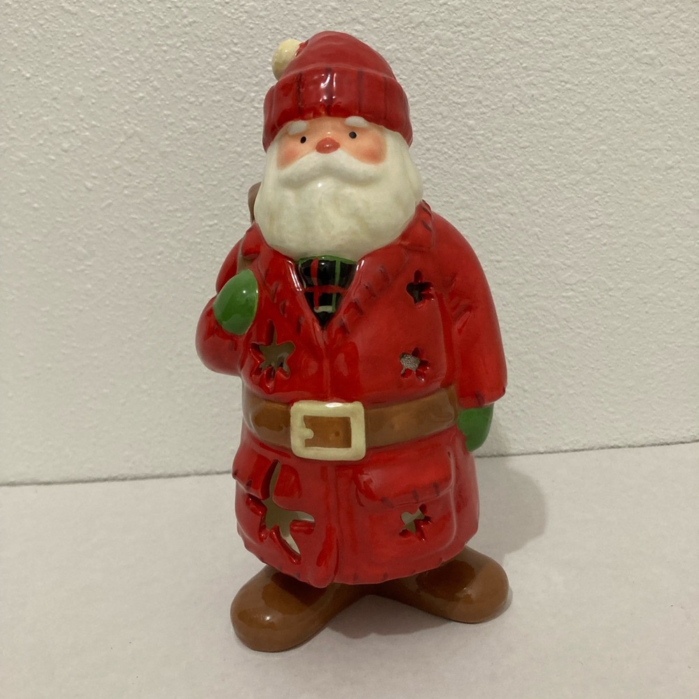 HMK Ceramic Santa Candle Holder Backpack & Beanie Tea Light with Stars 7.5"